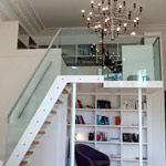 Mezzanine staircase in glass, Stainless Steel, aluminium and wood